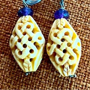 Ethereal weave e/r. Carved bone oval dangle beads earrings